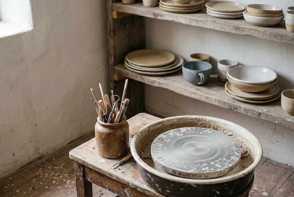 Un coin de l'atelier : le tour, un pot d'outils et des étagères d'assiettes et de bols.