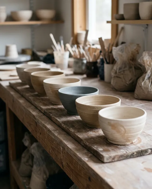 Des bols fraîchement tournés sèchent en rang sur une planche, sur l'établi de l'atelier.